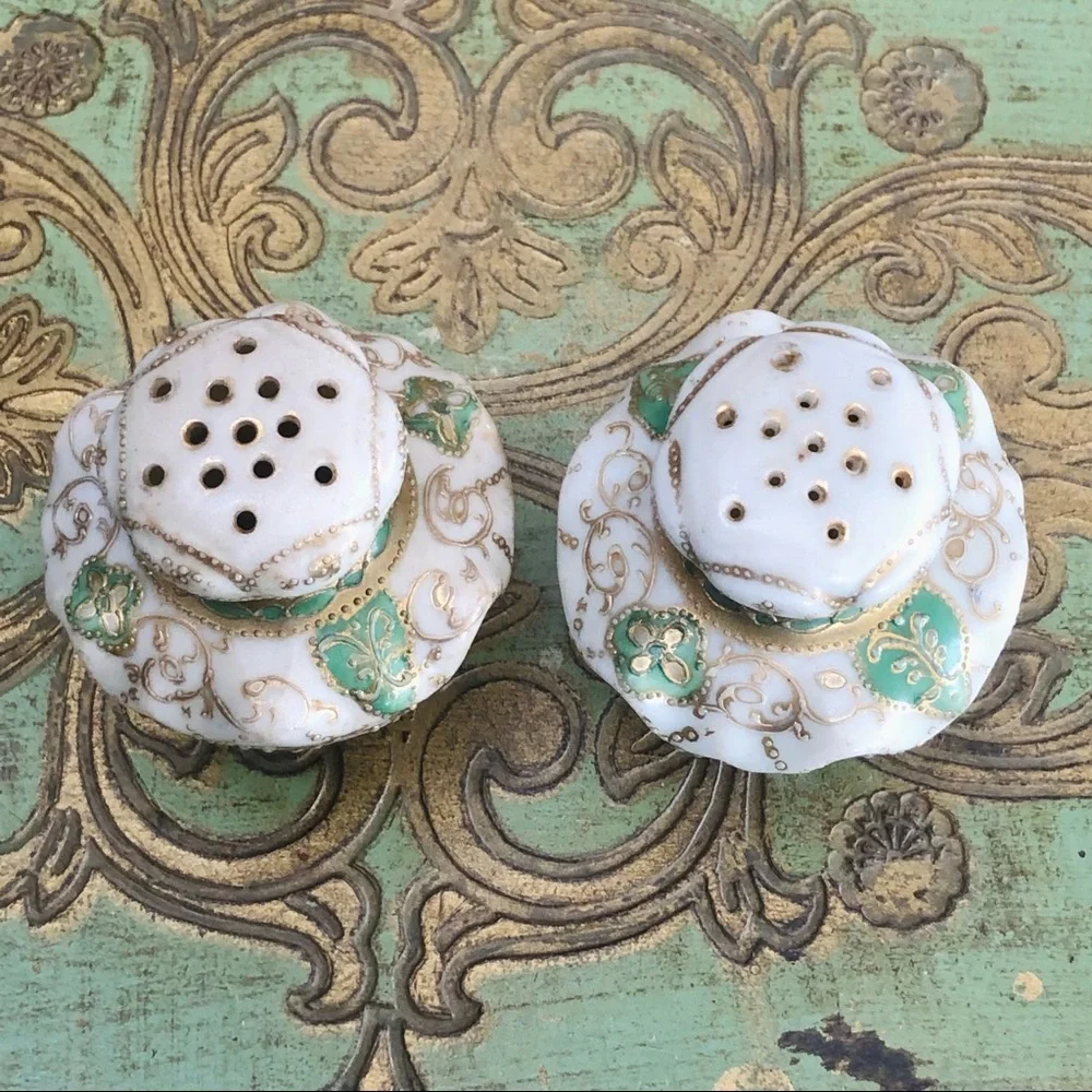 Antique Porcelain Salt Pepper Shakers Fancy Gold Trim